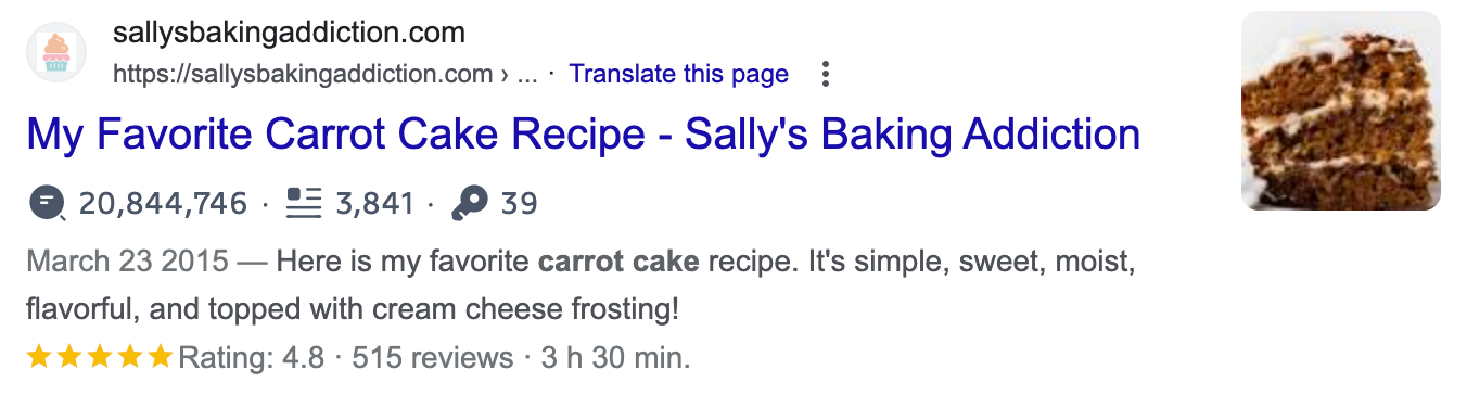 A rich snippet search result for carrot cake that includes information such as cooking time and reviews