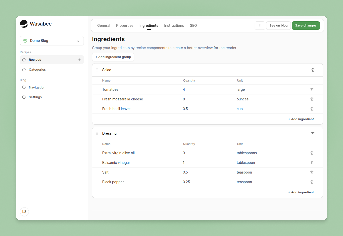 A screenshot of the Wasabee admin dashboard showcasing how to organize recipe ingredients into groups