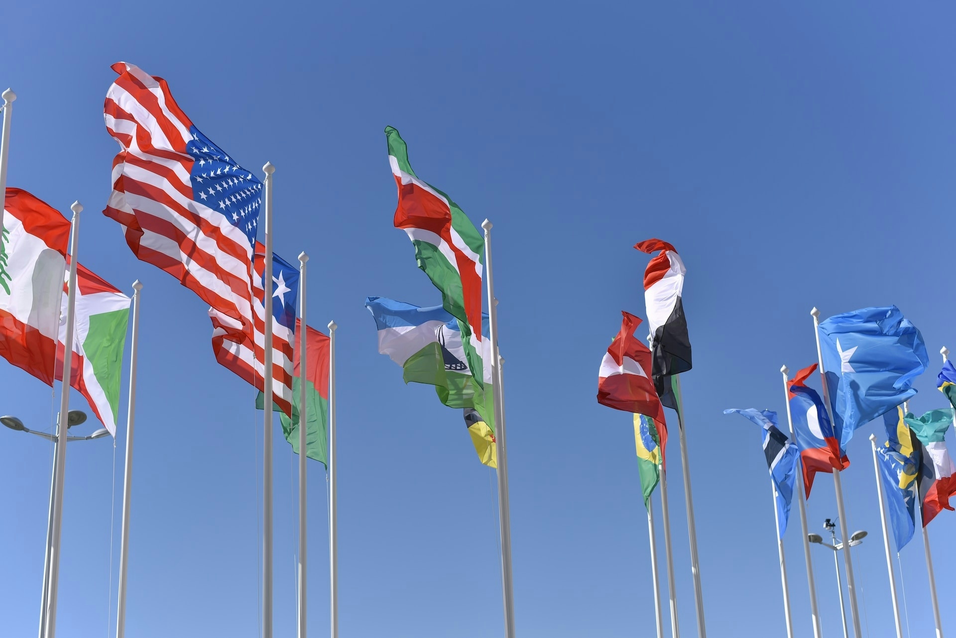 Country flags blowing in the wind in front of a blue sky