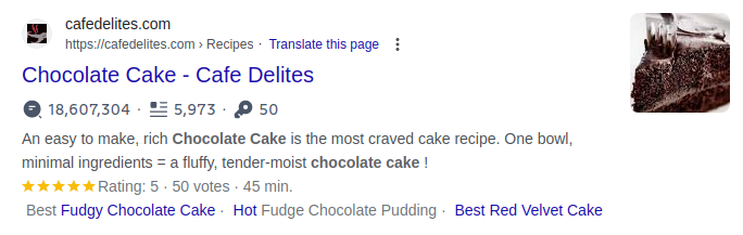 A search engine result for a chocolate cake recipe that includes an image, ratings and preparation time.